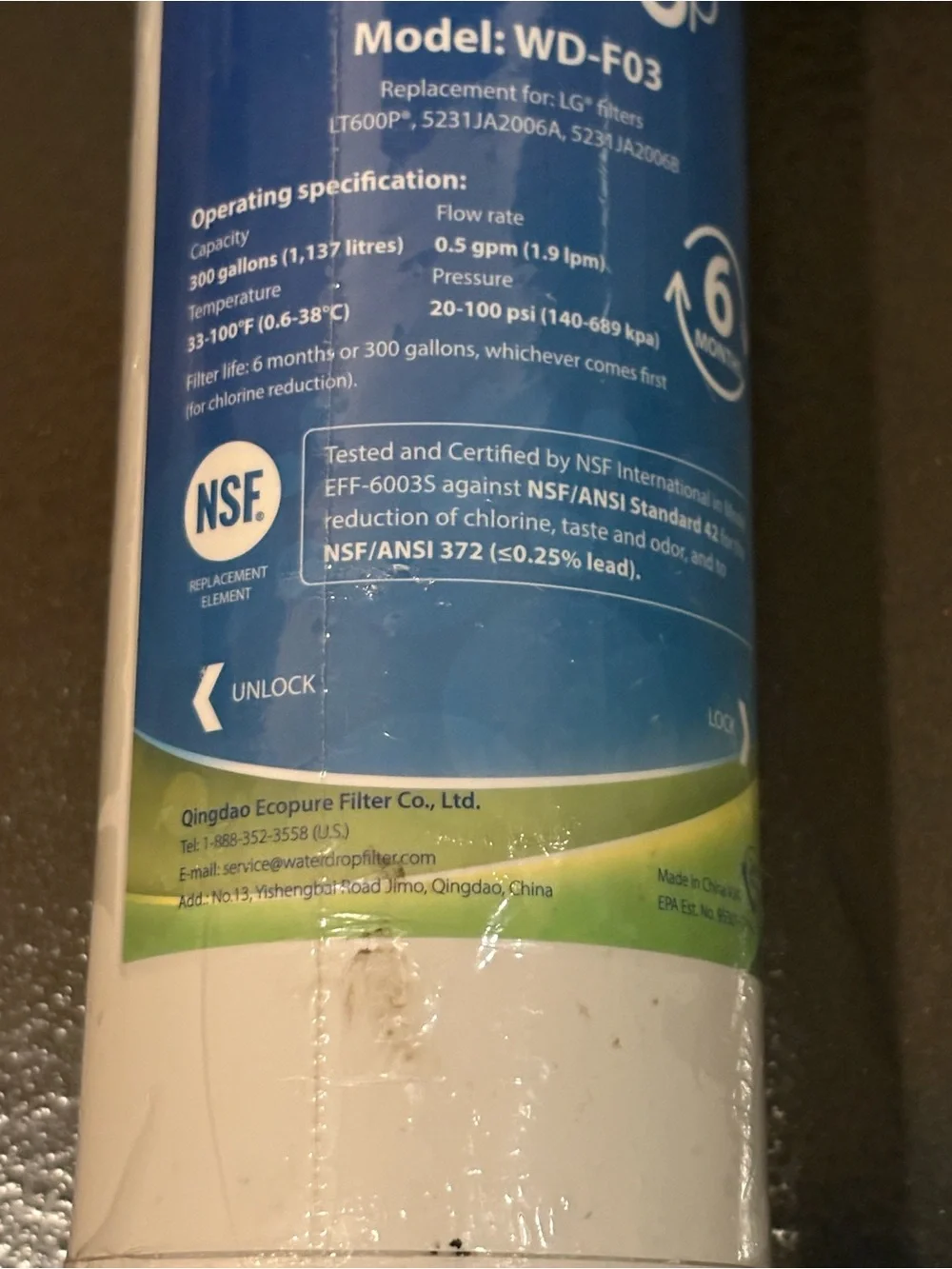Waterdrop WD-F03 Refrigerator Water Filter Replacement for LG® LT600P®(1 Pack)